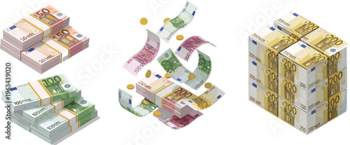 Euro money cash vector set with banknotes stacks, flying bills and financial wealth illustration in realistic style