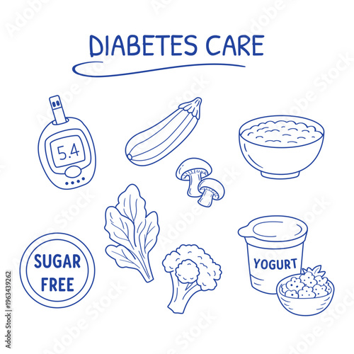 Diabetes Care Doodle Set with Glucose Monitoring and Healthy Food