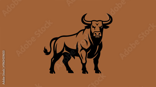 Powerful bull illustration on a brown background, ready to charge forward.