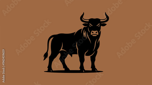 Powerful bull silhouette standing proudly against a brown background.