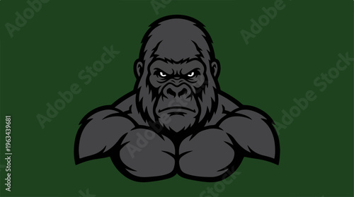 Powerful gorilla portrait with intense gaze and muscular physique on green background.