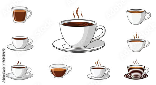 Collection of white and patterned coffee cups with rising steam