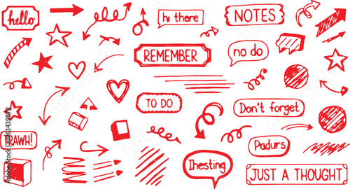 A vibrant collection of hand-drawn red doodles and journaling elements including arrows, hearts, stars, and functional text boxes.