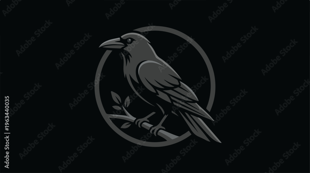 Obraz premium Raven perched on a branch inside a circular frame, dark art.