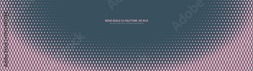 Panoramic abstract background in ultra wide 32:9 vector format with pale pink and blue boho scale halftone pattern and soft faded border. Elegant retro design for banner, UI, presentation layouts