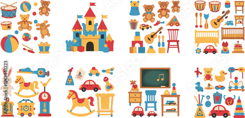 Kids toys vector set with teddy bear, castle, rocking horse, drums, cars and playful nursery elements in flat style