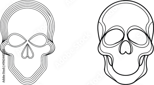 Human skull line art illustrations with concentric paths and artistic curves for halloween decorations or tattoo design.