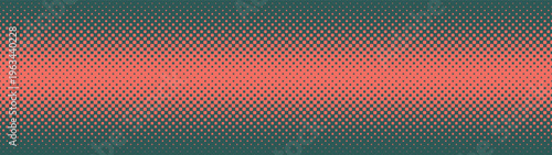 Panoramic abstract background in ultra wide 32:9 vector format with red green checkered halftone pattern and horizontal faded border. Bold design for banner, hero section, UI, presentation layouts