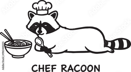 Racoon wearing chef hat holding spoon beside noodles