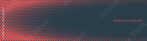 Panoramic abstract background in ultra wide 32:9 vector format with red and black dash checkered halftone pattern and dynamic elliptical fade. Futuristic tech design for banner, hero section layouts