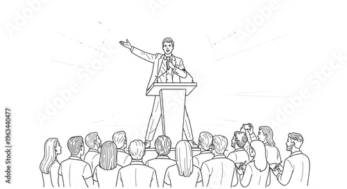 Businessman giving motivational speech to audience from podium in conference setting with crowd