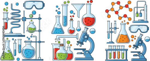 Laboratory chemistry vector set with flasks, test tubes, microscope and scientific experiment equipment in colorful flat illustration style