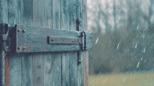Weathered barn door with a heavy metal hasp swaying in a rainy atmosphere. real-estate listings, architecture portfolios, designed for architectural facade and classical detail presentations.