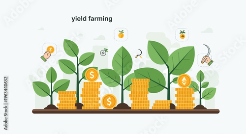 Plants grow from stacks of coins in a decentralized finance yield farming scene.