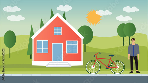 Man with bicycle near cozy countryside house