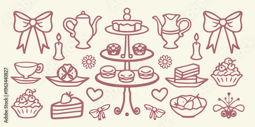A delicate hand drawn illustration of a vintage tea party setup