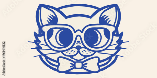 A stylized blue cat face wearing sunglasses and a bow tie