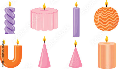 Modern decorative candles vector set with geometric shapes, spiral wax designs and colorful home decor elements