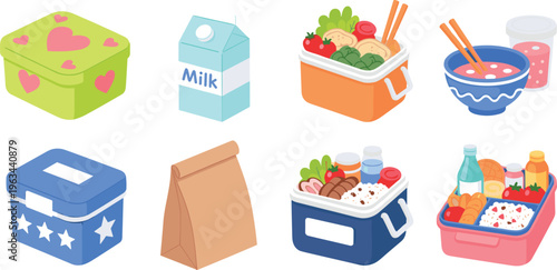Lunch box vector set with food containers, bento meals, milk carton and picnic snacks in colorful flat illustration style