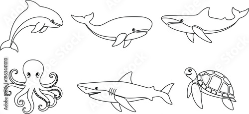 Marine animals outline vector set featuring dolphins whale shark octopus and sea turtle minimal line art collection