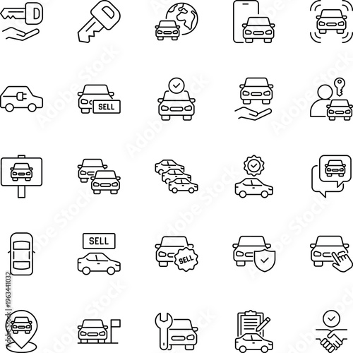 Car automotive dealership line vector icon set buy sell rent service