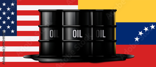 Oil canister container with liquid petroleum. Venezuela flag, USA. Fuel storage, energy resource, transportation and industrial usage concepts. Simple design. Vector illustration. Black color.