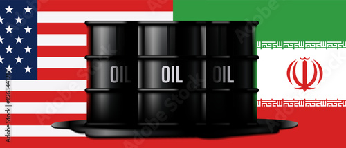 Oil canister container with liquid petroleum. Iran flag, USA. Fuel storage, energy resource, transportation and industrial usage concepts. Simple design. Vector illustration. Black color.