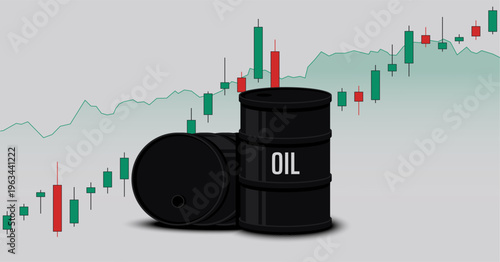Market chart. Oil canister. Fuel price changes. Financial graph. Petroleum trading, cost fluctuations, energy market analysis and economic trends. Vector illustration.