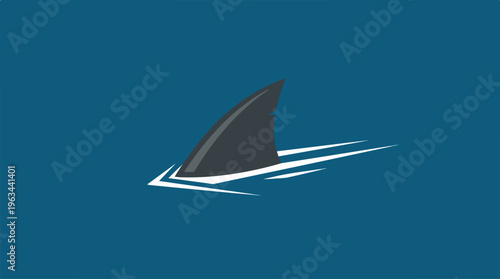 Shark fin emerging from ocean water, simple illustration on blue background.