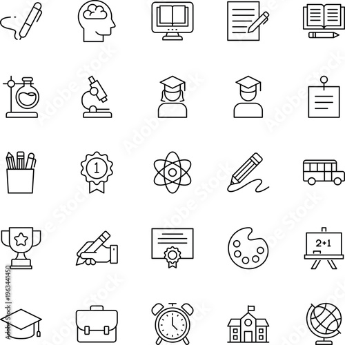 Education line icon set book graduate microscope schoolbus