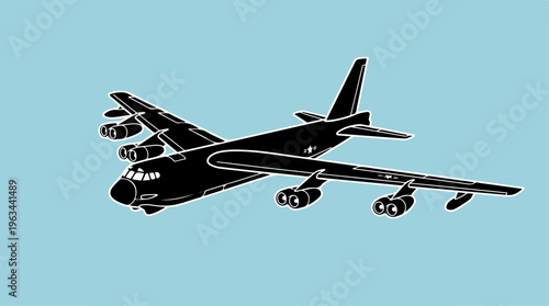 Silhouette of a B-52 Stratofortress bomber aircraft against a blue sky background.