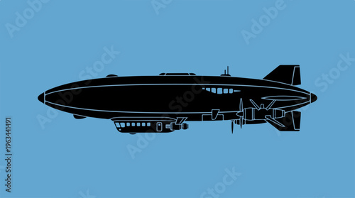 Silhouette of a Black Airship Floating Against a Blue Sky.