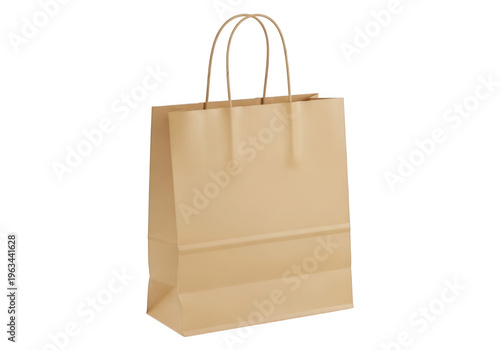 Light brown paper shopping bag with handles standing upright