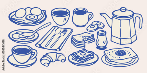 A charming blue line drawing of a delightful breakfast spread