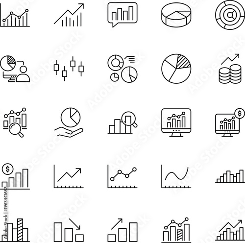 Business data analysis line vector icon set chart graph pie diagram monitor