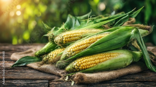 Fresh Corn on Cob with Green Leaves on Rustic Wooden Surface