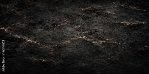 A dark grunge nature background featuring a rough stone wall pattern and textured marble surface covered in black and white snow under a gray sky