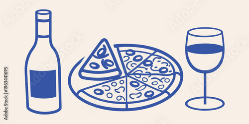 A simple illustration depicting pizza wine and a wine glass