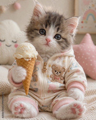 Happy kitten in a beautiful suit with ice cream in its paws