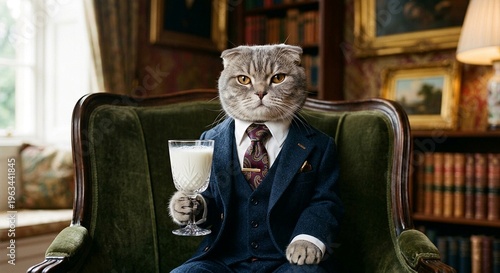 Studio photo of a cat in a elegant suit with a glass of milk in its paw