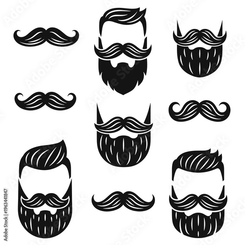 Set of hipster male heads with beard silhouettes