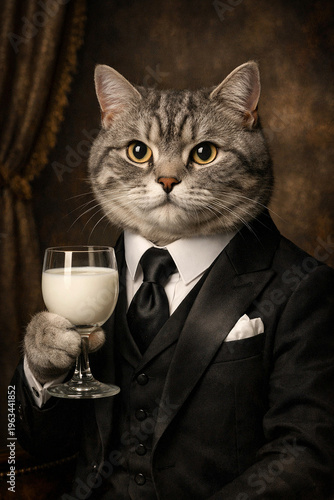 Studio photo of a cat in a elegant suit with a glass of milk in its paw