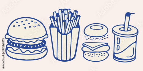 A colorful illustration of a burger fries donut and soda