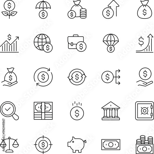 Business finance line vector icon set money chart piggy bank safe