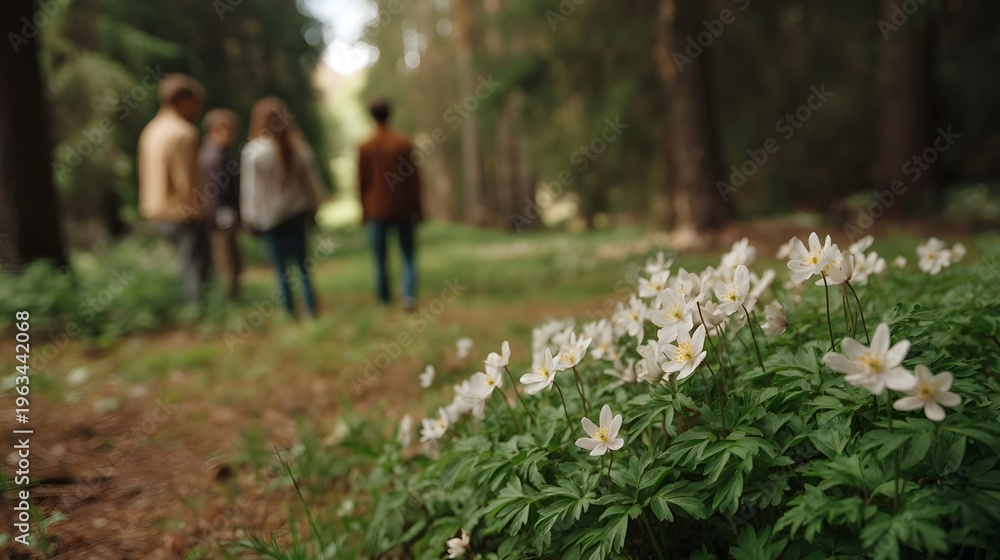 Obraz premium Serene forest clearing with blooming white wildflowers in the foreground and blurred figures walking in the background