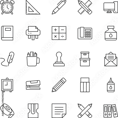 Office stationery line vector icon set pen pencil stapler calculator
