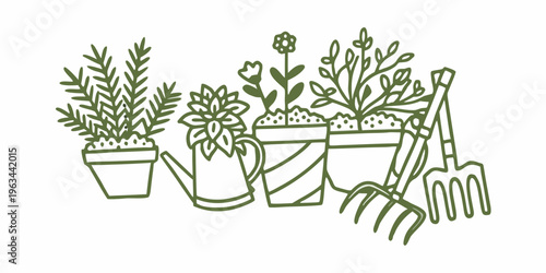 A collection of potted plants gardening tools and a watering can