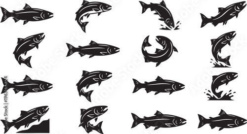 Salmon Leaping Silhouette Set - 16 Dynamic Upstream Motion Vector Icons.