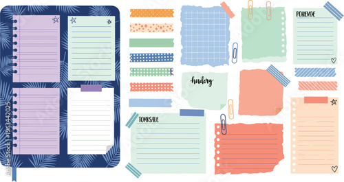 Planner stickers and notes vector set with notebooks, to-do lists, memo papers, washi tape and stationery elements in pastel flat style