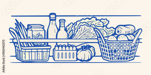 Vintage illustration of grocery items displayed on a shelf